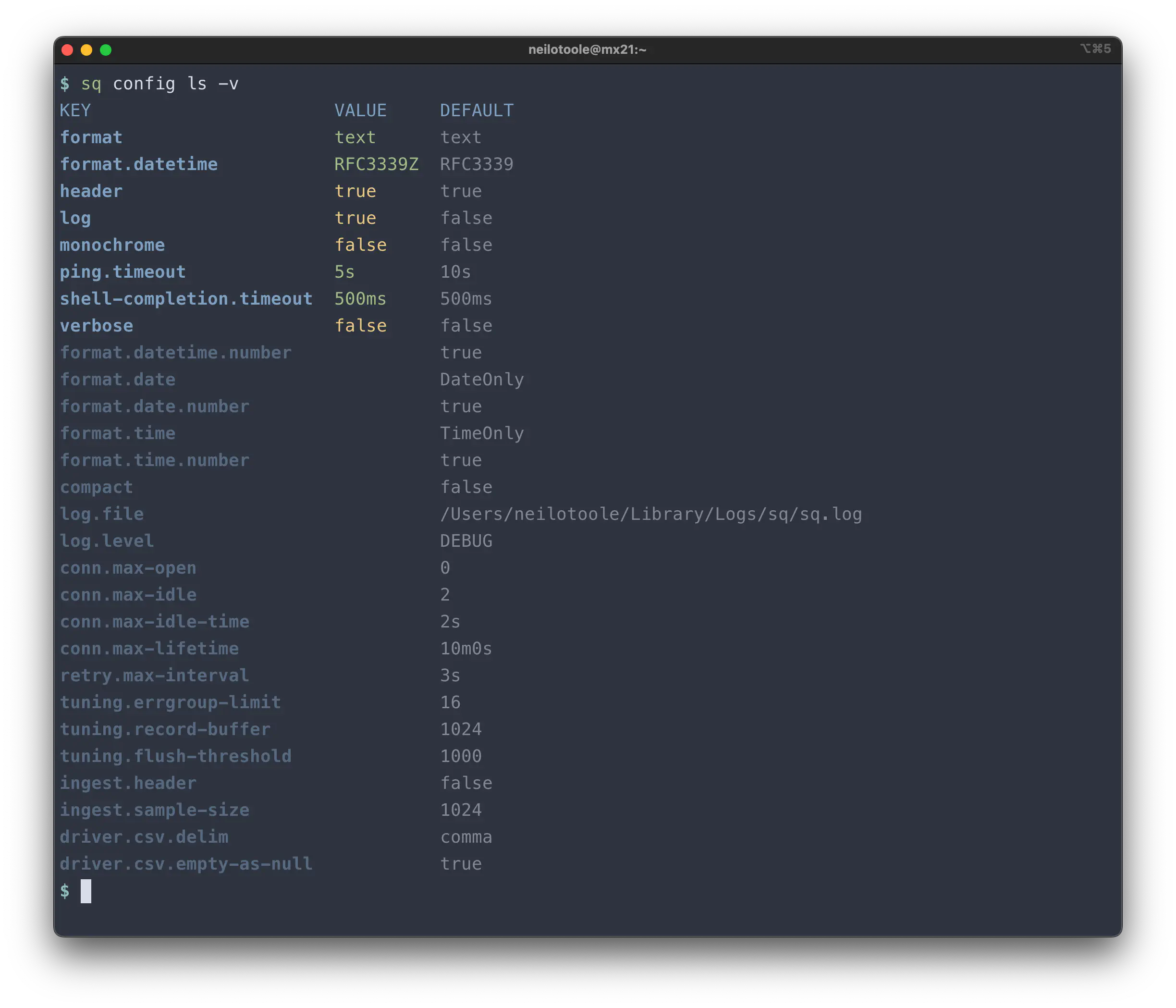 sq config ls -v